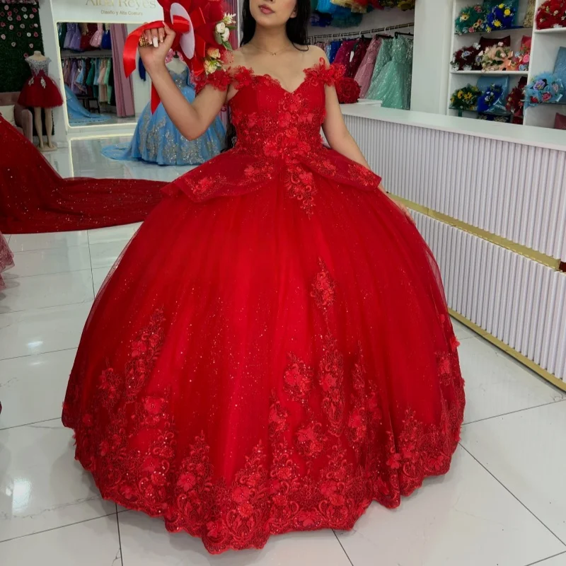 

Shiny Red Quinceanera Dresses Off the Shoulder Glitter Crystal 3D Flower Decal Long tail Vestidoe 15 Quinceanera Customize