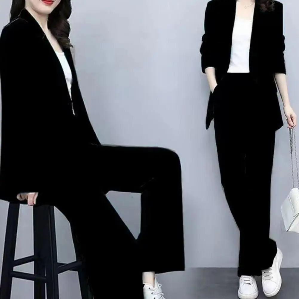 

2Pcs/Set Women Coat Pants Suit Formal Business Jacket Lapel Button Closure Cardigan Long Sleeve Straight Wide Leg Trousers Set