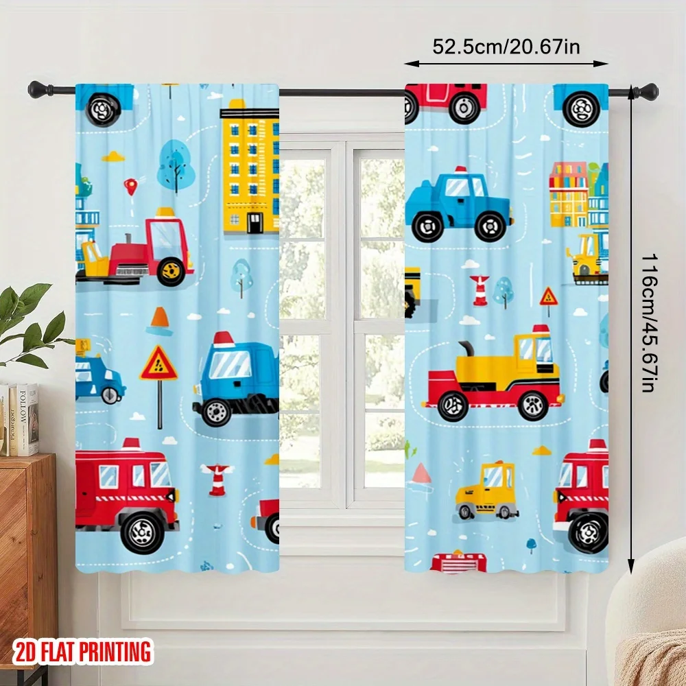 Cute Cartoon Truck Pattern Curtains for Kids Nursery Room Window Decor Playtime Vehicles Emergency Service Digital Print Curtain