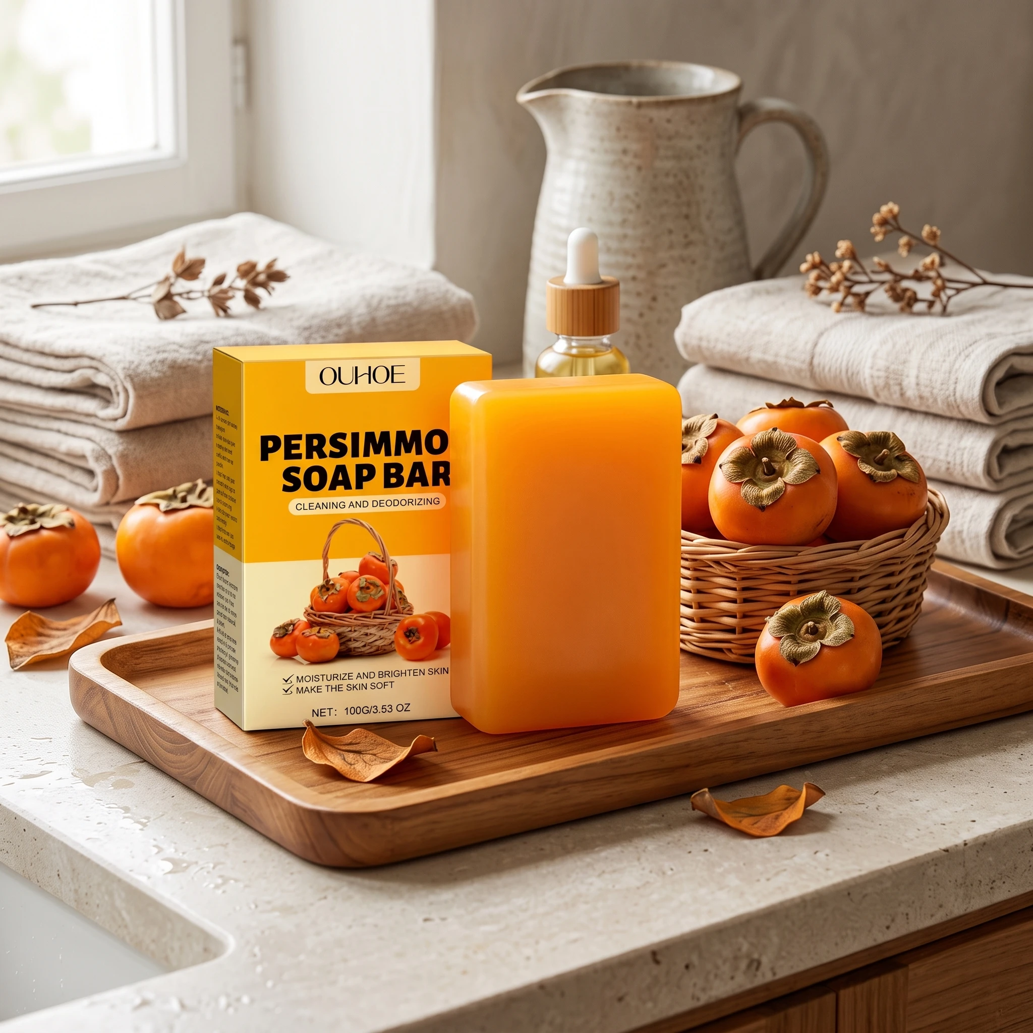 Persimmon Soap Bar Odor Removal Bath Bar Natural Deodorizing Body Cleansing Soap Soften Rough Skin Moisturizing Bath Soap
