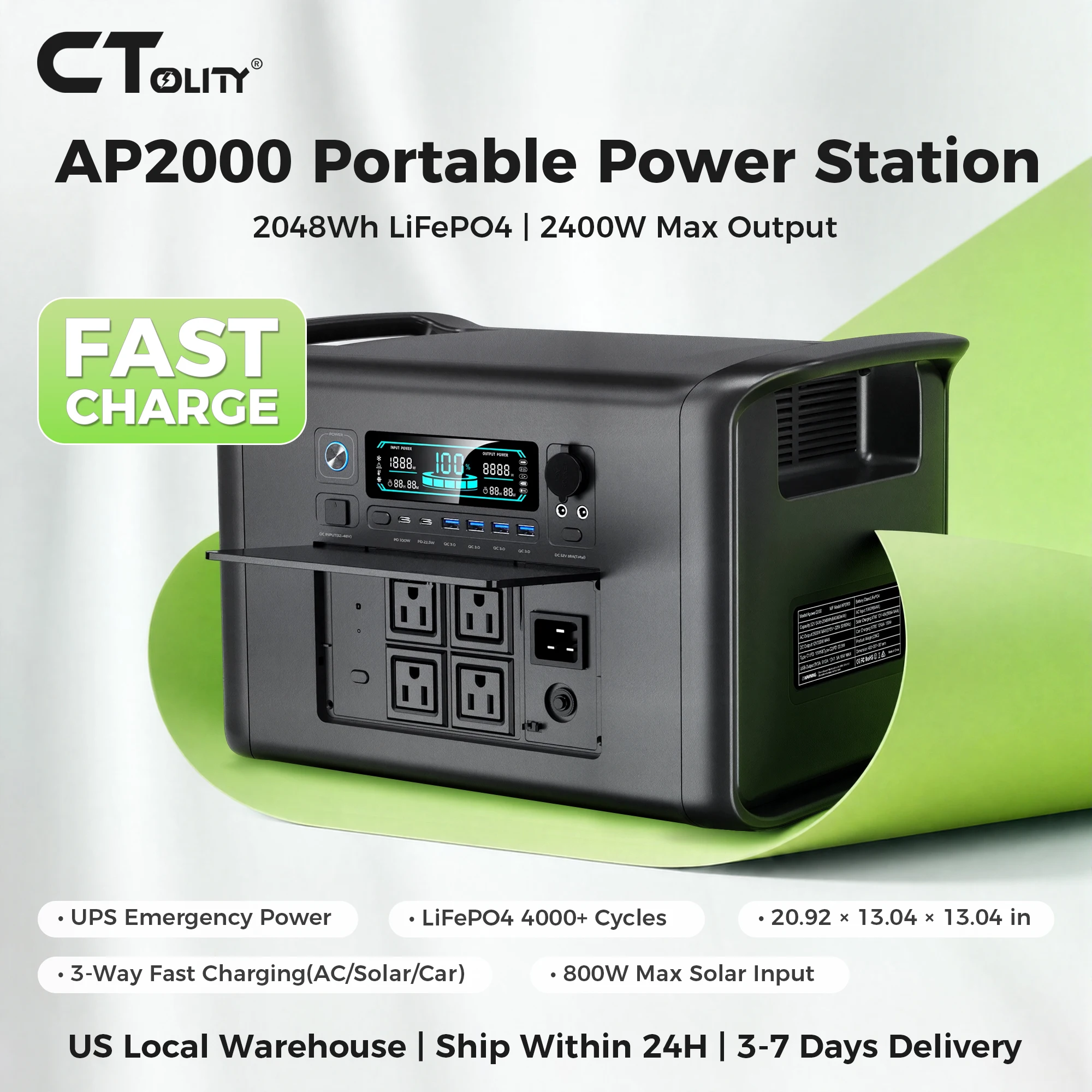 CTOLITY Portable Power Station 2048WH LiFePO4 Battery with 2400W (3600W Peak) AC Output Solar Generator for Garden Party