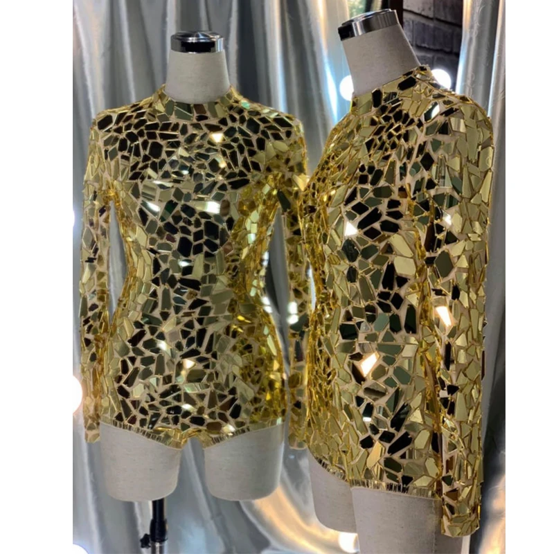 

2024 New Gold Mirror Costumes High Neck Long Sleeved Jumpsuit Nightclub Bar Dj Ds Gogo Dancers Performance Stage Wear DN19085