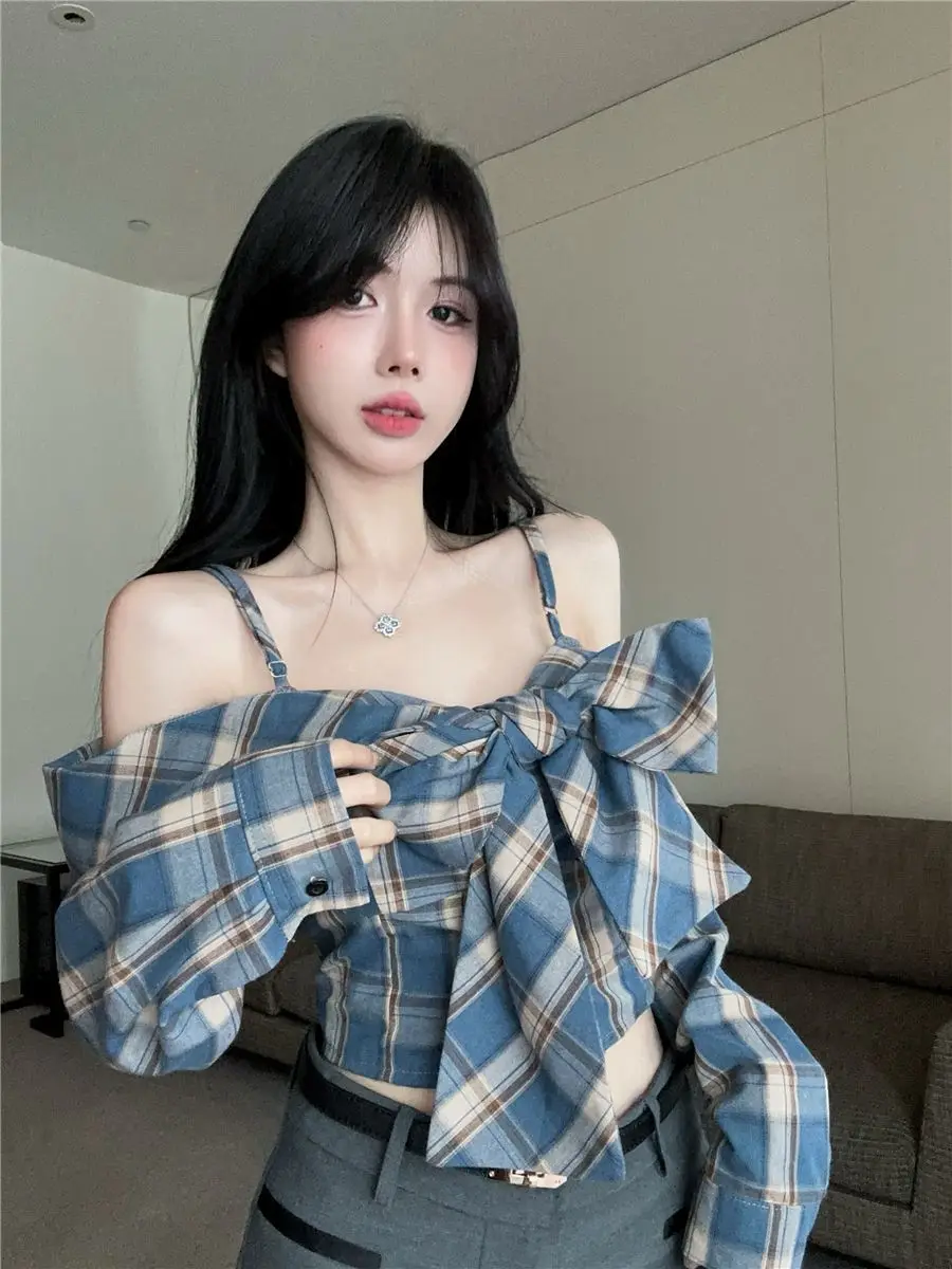 Korea Fashionable Suspender Shirt Blue Top Classic Slim Fit Plaid Women'S Big Bow Shirt Long Sleeves Spring Summer Autumn