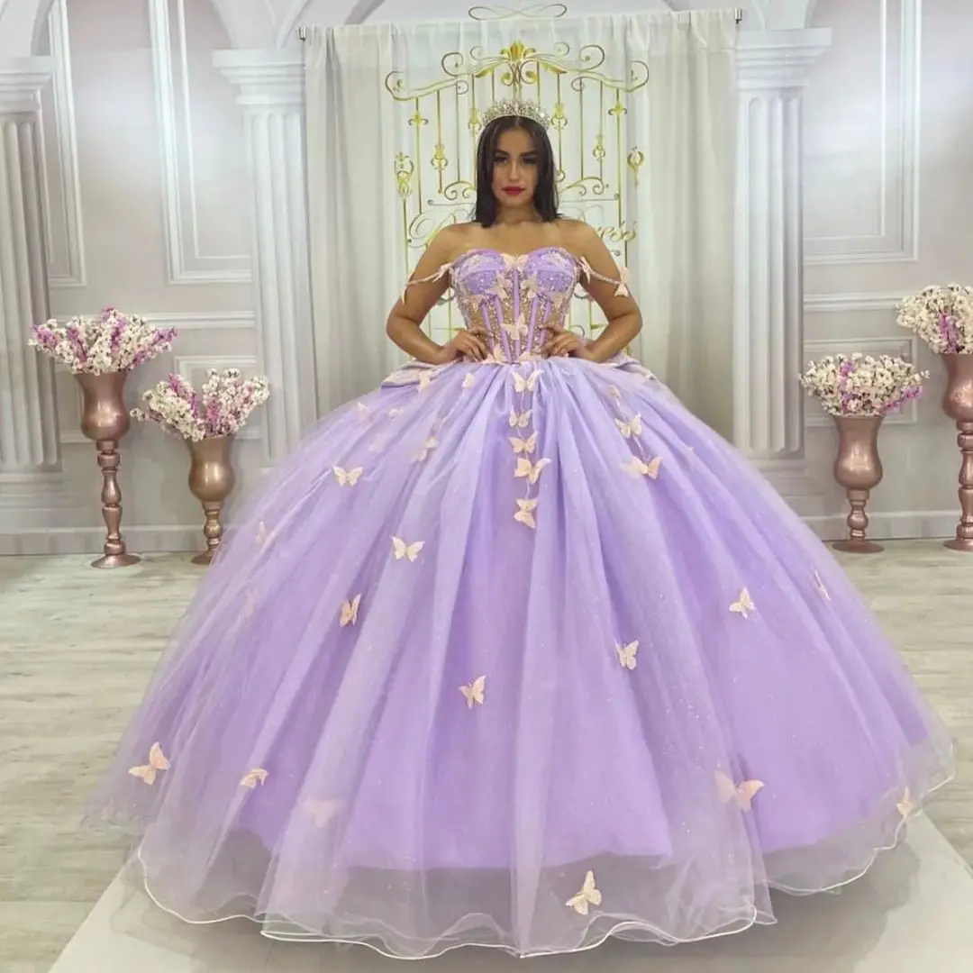 ANGELSBRIDEP Glittering Lilac Butterfly Quinceanera Dresses With Bow Off-Shoulder Vestidos De 15 Anos Party Prom Princess Dress