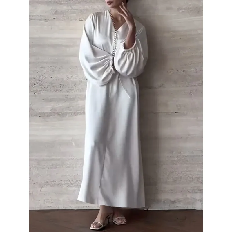 

Tinaa White Muslim Woman Dresses 2025 Spring Autumn Plus Size Button Drawstring Puff Sleeves Elegant V-neck Long Dresses 181668