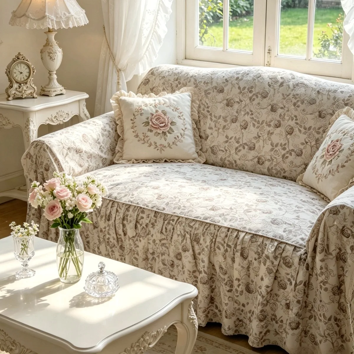 Flower Trail-French Korean Pastoral Princess Floral Cotton Pure Printing Dustproof Romantic Home Cream Wind Pink Lace Sofa Cover