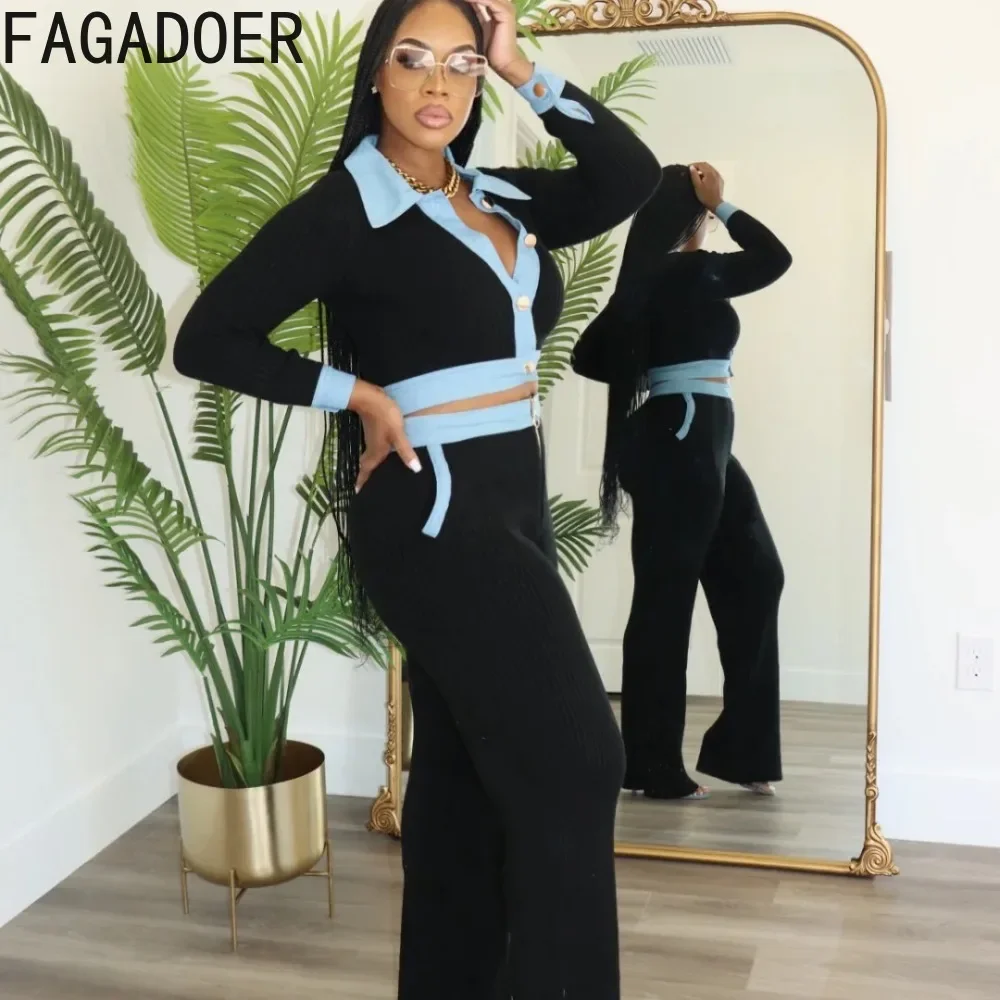 FAGADOER Rib Knit 2 Piece Sets Women Outfit Elegant Lapel Buttons Long Sleeves Crop Top And High Waist Leggings Suits Officewear