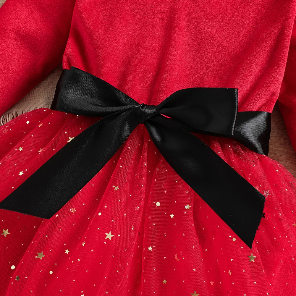 Baby 1-6Y Christmas Red Dress For Kid Girls Toddler Children Sequins Tulle Tutu Party Dresses Long Sleeve Xmas Costume