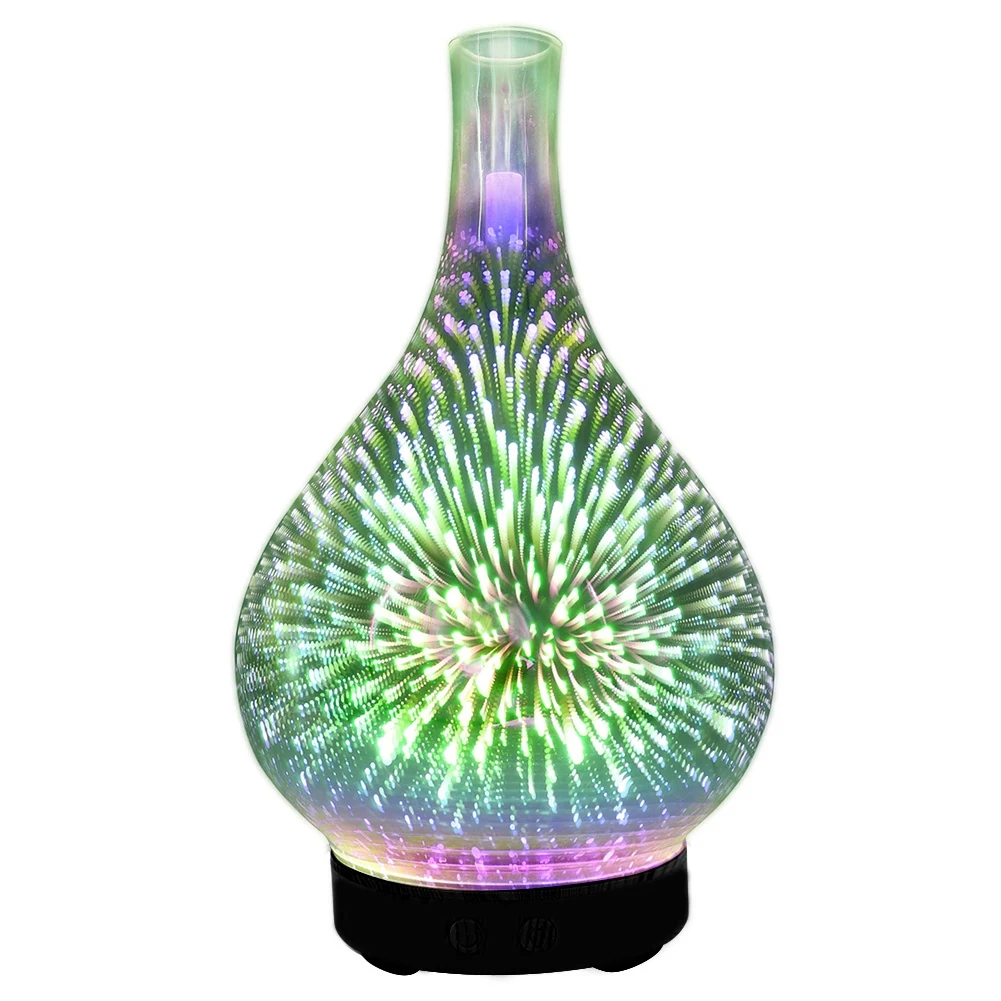 3D-Feuerwerksglas-USB-Luftbefeuchter mit 7-Farben-LED-Nachtlicht, Aromaöl-Diffusor, kühler Nebelhersteller, Schwarz, EU-Stecker