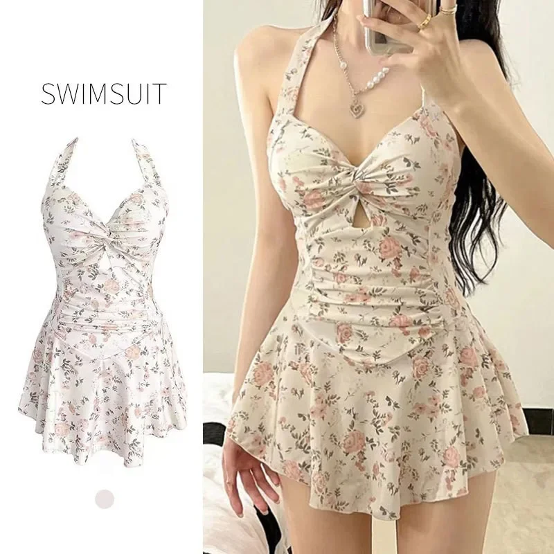 sexy Korean fashion conservative swimsuit one piece floral print wrinkled knot mini dress culottes bikinis padded swimwear