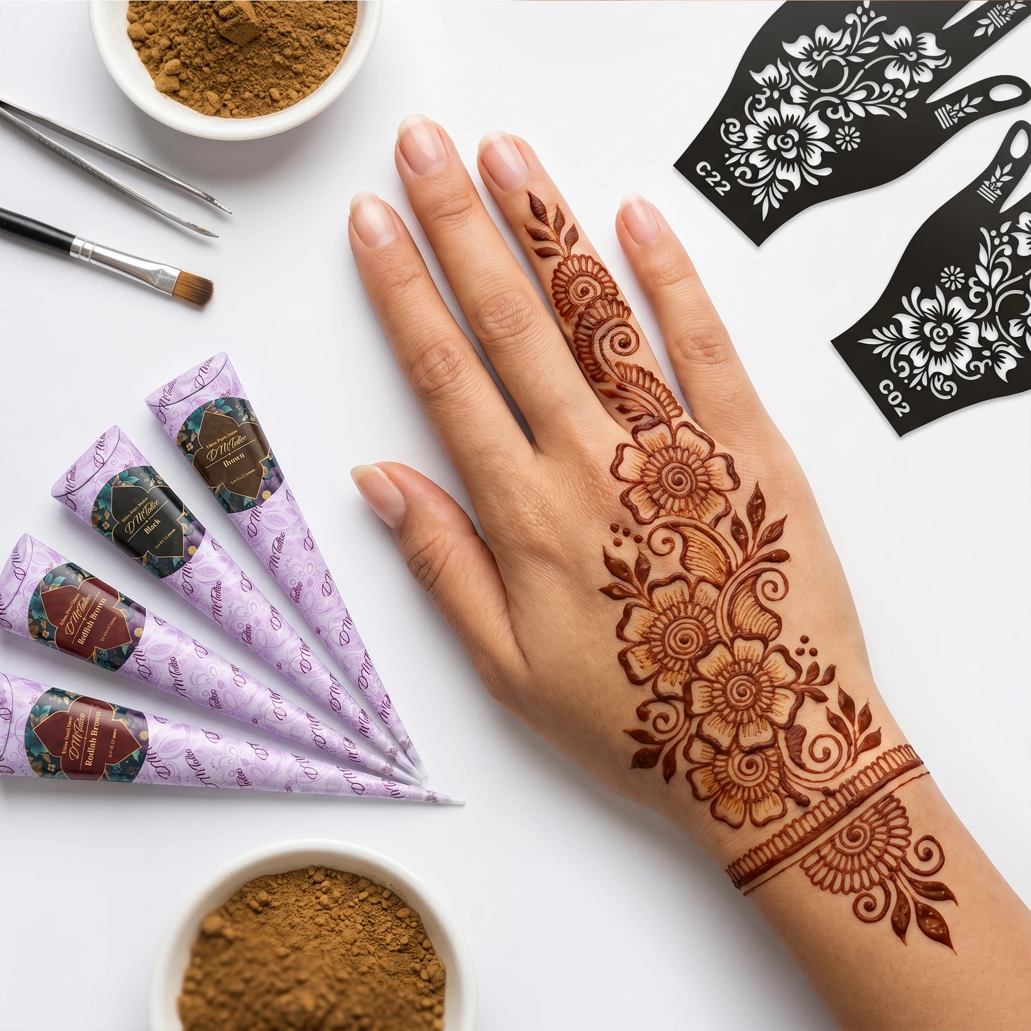 Muster-Tattoo-Schablonen für Frauen Hohle Henna-Blumen-Tattoo-Schablonen für Hand und Finger Wiederverwendbare Tattoo-Vorlagen Tattoo-Werkzeuge – Detail 4