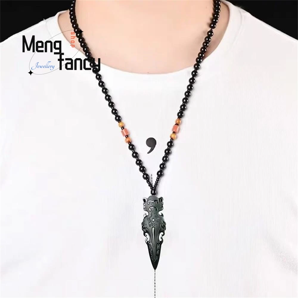 Premium Handmade Double-sided Engraved Natural Dark Green Hetian Jade Vajra Pestle Pendant Auspicious Lock Design Luxury Jewelry