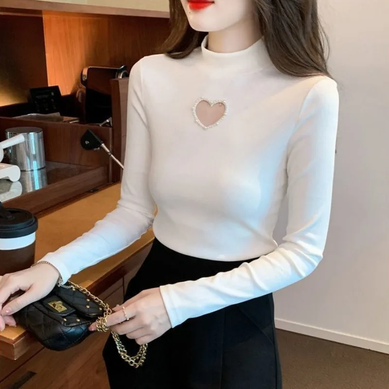 Half High Collar T-shirts Women Plus Velvet Thermal Love Pearls Hollow Out Long Sleeve Underlay Tops Slim Sexy Design Fashion