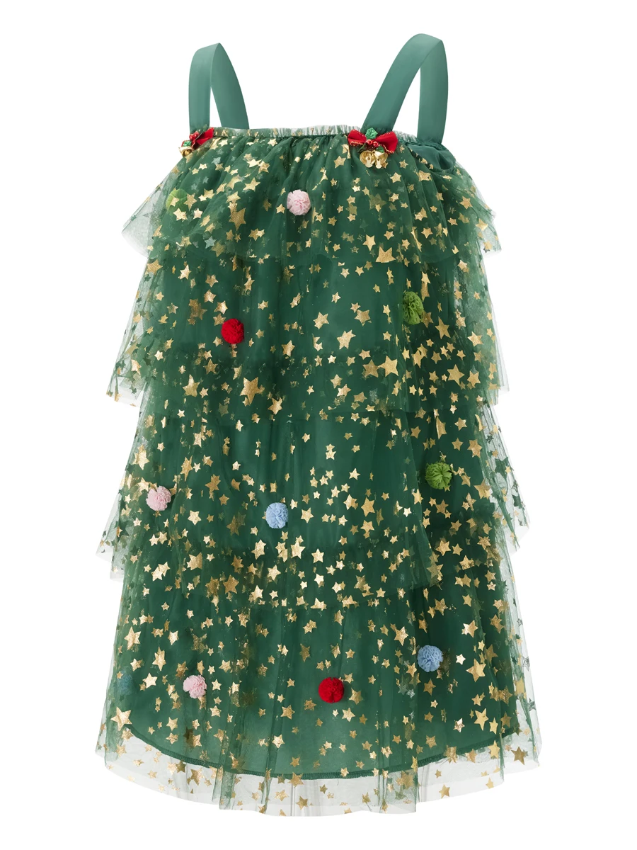 Women's Christmas Tree Dress Glitter Star Sleeveless Loose Layered Tulle Dress Holiday Mini Dress