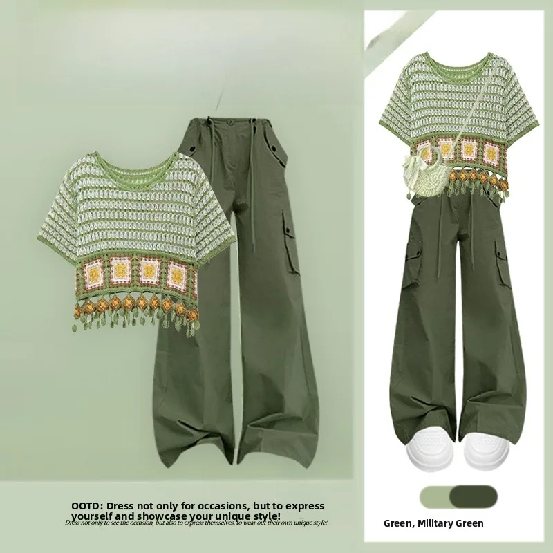 

Retro Design Hollow out Hook Flower ort Knitted Top High Waist Workwear Pants Two Piece Set Spring Summer New Arrival Women...