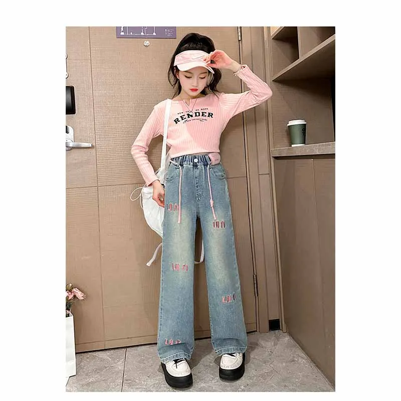 Nuove ragazze lettera Jeans primavera autunno bambini pantaloni Casual moda allentati bambini temperamento pantaloni dritti elastici 2-12 anni