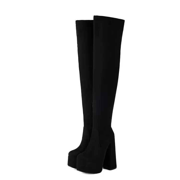 SLSHLYJ 14cm Square Heel Waterproof Platform Over Knee Boots Elastic Suede Fabric Zipper Fashion Model Girl Winter Boots 35-45