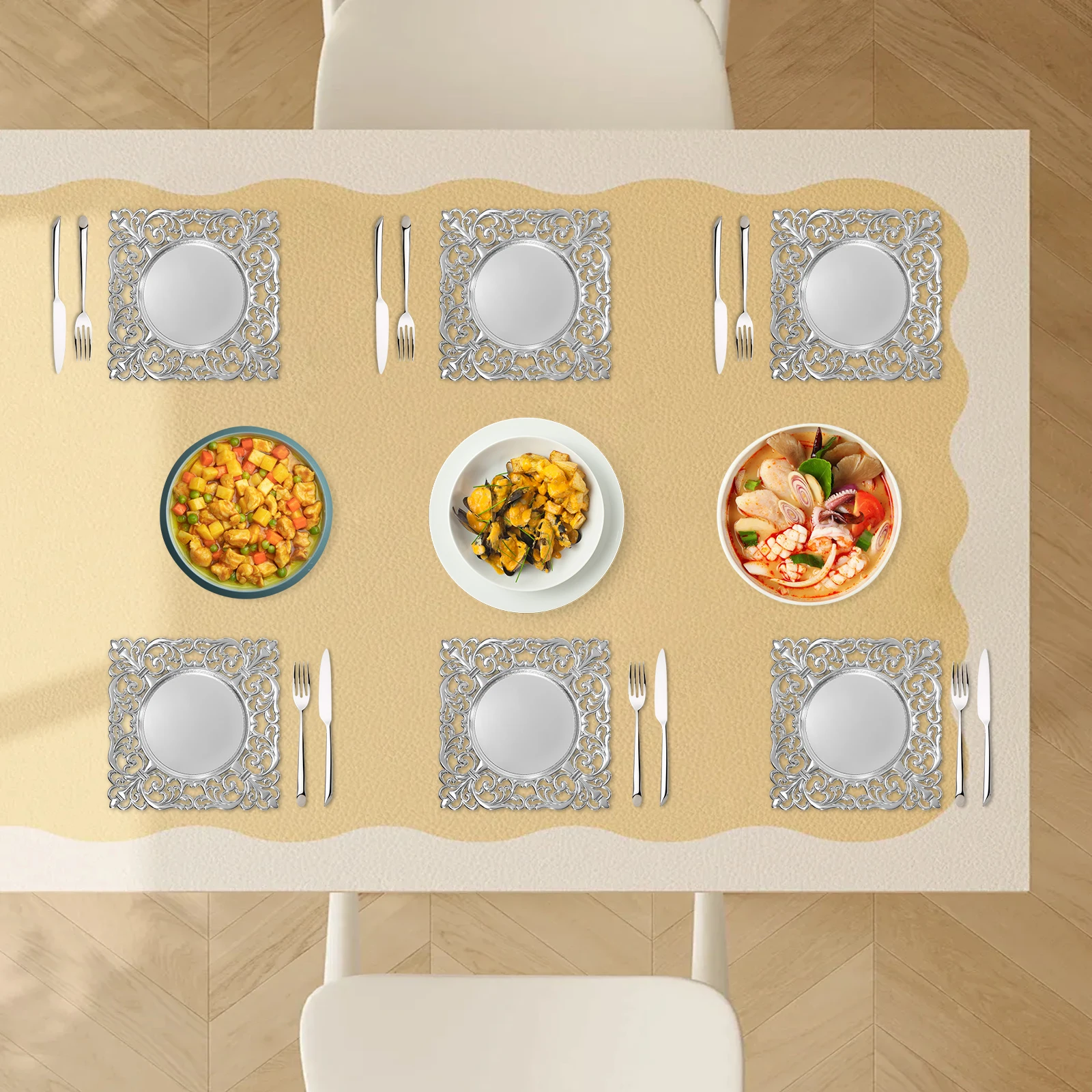 

6 шт. 12-дюймовые зарядные тарелки из полипропилена, золотые/серебряные квадратные зеркальные зарядные устройства, столешница для обеденных тарелок, банкетов