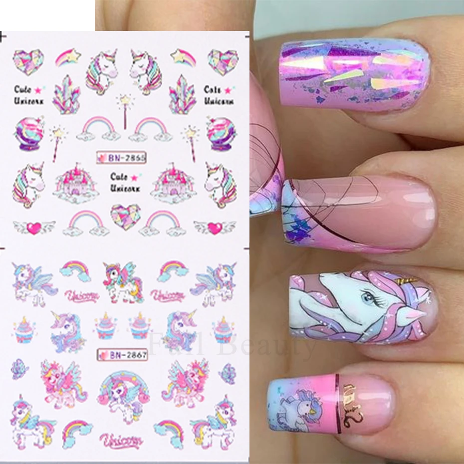 12 Designs Pink Unicorn Water Transfer Slider Rainbow Horse Ice Cream Heart Cartoon Anime Nail Sticker Polishing Nail Decoration