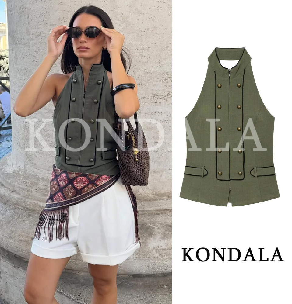 KONDALA Women Vintage Chic Zipper Halter Vest Trendy Elegant Buttons Trim Vest 2026 Summer Fashion High Street Leisure Vest Tops