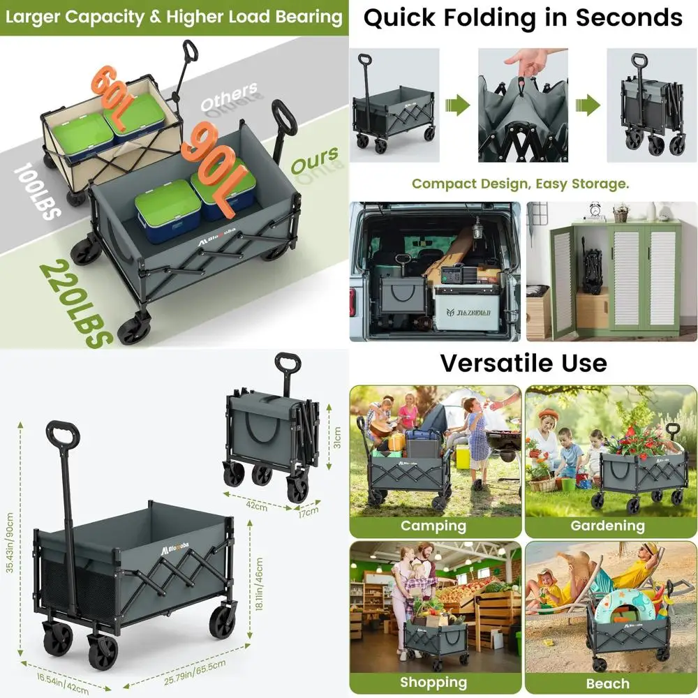 

Складной универсальный тележка с гибкой ручкой, вместимость 220 фунтов, легкий для покупок в продукте, спорта, садоводства, кемпинга — серый