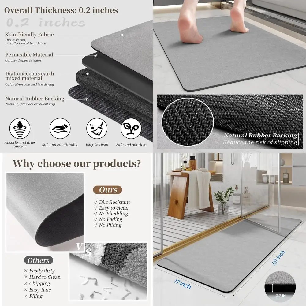 

Large Grey 59x17 Quick-Dry Diatomaceous Earth Bath Mat, Non-Slip Rubber Backing, Super Absorbent Shower Rug, Thin Runner for Bat