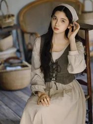 86-98cm Bust Spring Autumn Women Romantic Medieval Vintage Oil Painting Prairie Style Slim Twinset Cotton Linen Dresses W/h Vest