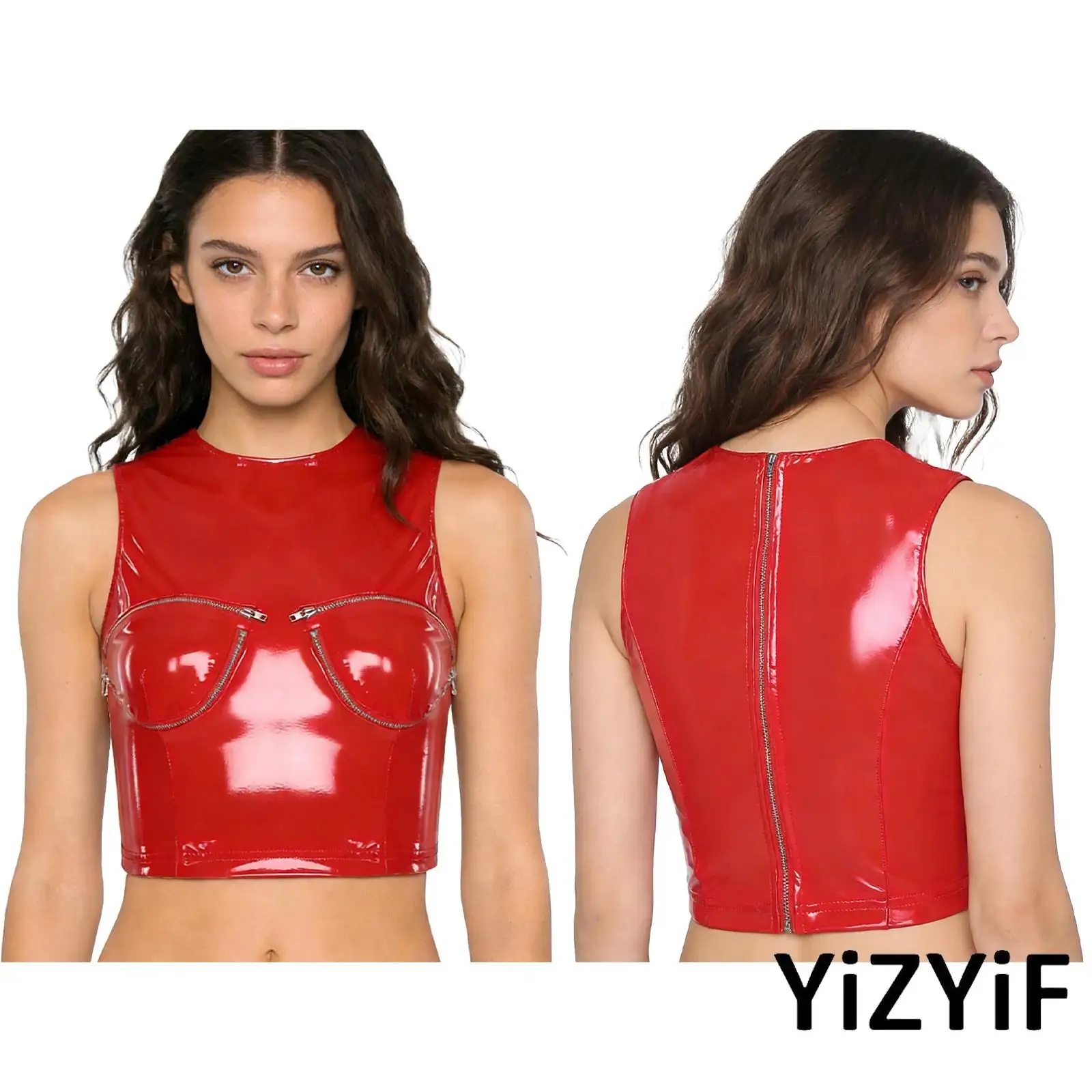 

Женский укороченный топ из искусственной кожи с молниями на чашках и спине, без рукавов, с эффектом мокрой ткани, для клубов и ночных мероприятий