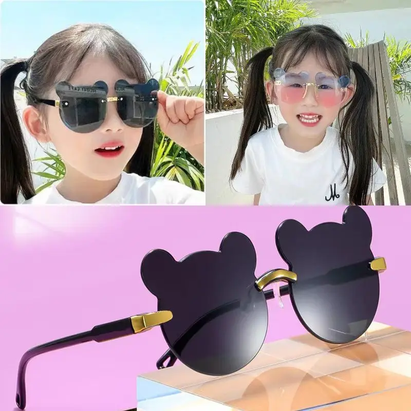 Lovely Outdoor Protection Children Sunglasses Cute Cartoon Bear Ears Glasses Safety Child Anti-UV Rimless Glasses Hot Selling