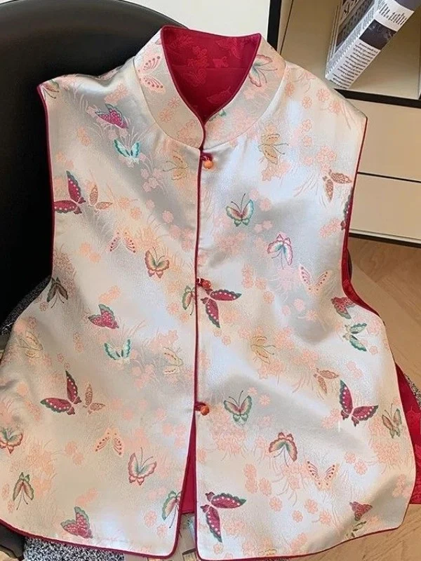 

New Chinese Style Women's Print Stand Collar Vest Spring Autumn Seasonal Two-Piece Set Elegant National Fashion