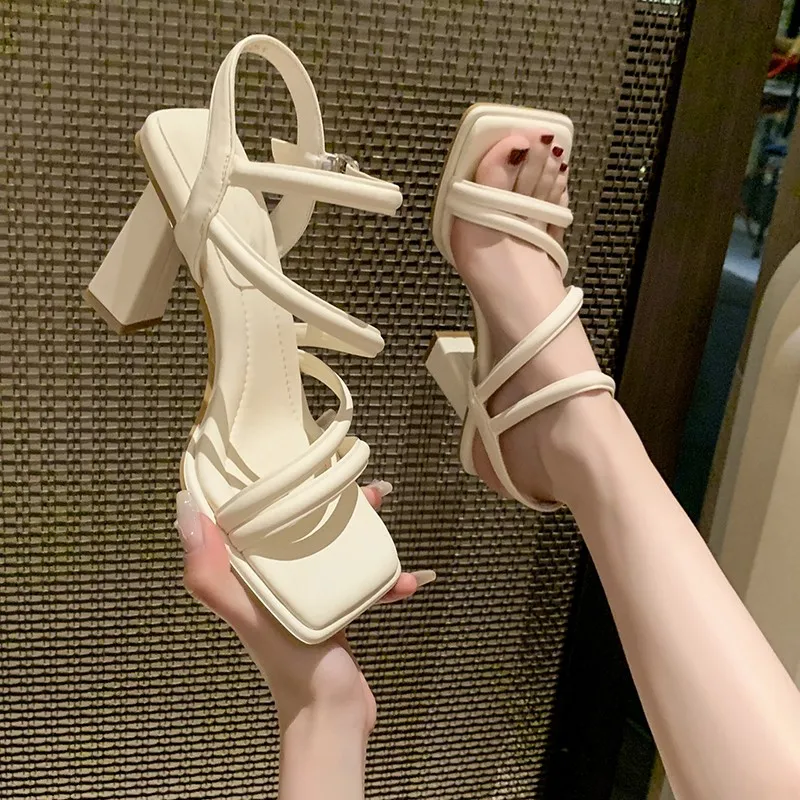 Thick Heels, Gentle and Versatile Sandals, Fairy Style 2024 New Summer Internet Celebrity Style, One Line Buckle High Heels