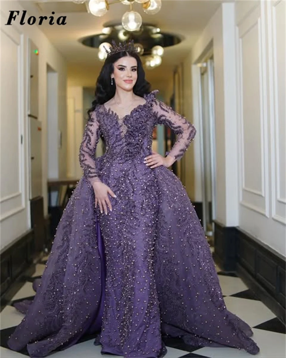 

Luxury Purple Beaded Celebrity Dresses Vestidos De Noiva Long Sleeves Aso Ebi Dubai Wedding Party Dress Evening Dress Customized