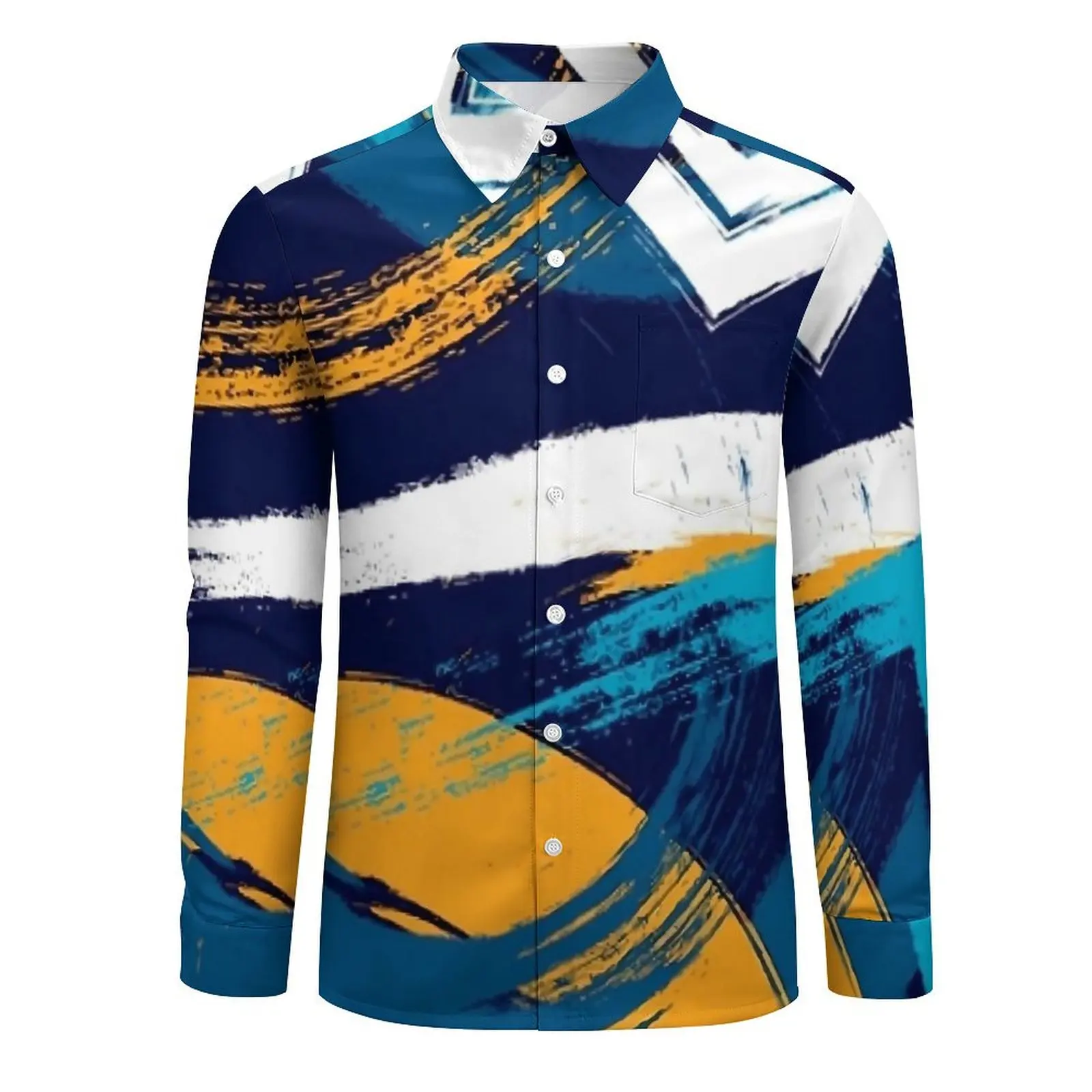 Brush Print Casual Shirt Man Blue Yellow White Breathable Shirt Autumn Retro Blouse Long Sleeve Printed Oversized Tops