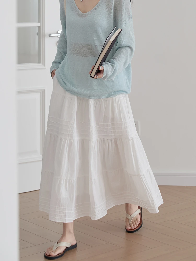 

Белая женская юбка миди А-силуэта с эластичным поясом, плиссированная, многоярусная, летняя, нежная, в форме зонтика