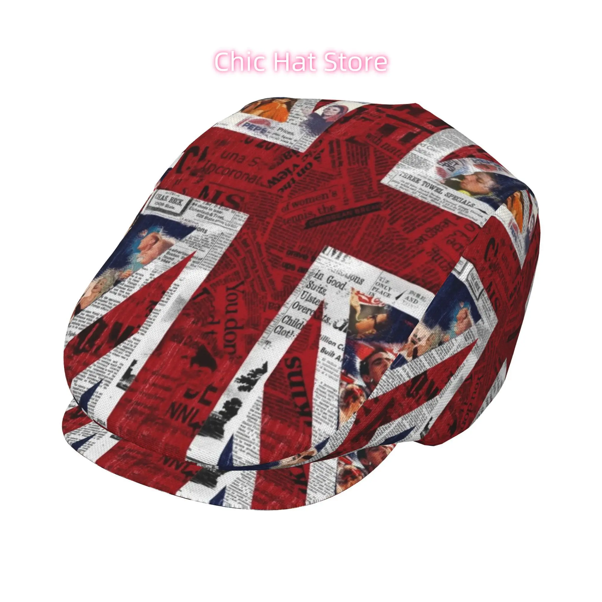 1pc Vintage UK Flag Collage with Ads All-over Print Flat-top Hats for Men and Women, Newsboy Caps, Berets, Irish Hats, Driver Ca