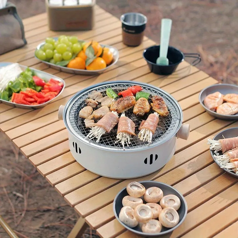 Stainless Steel Barbecue Grill Pan Portable Compact Tabletop BBQ Grill with Grill Net Household Split BBQ Charcoal Grill Stove
