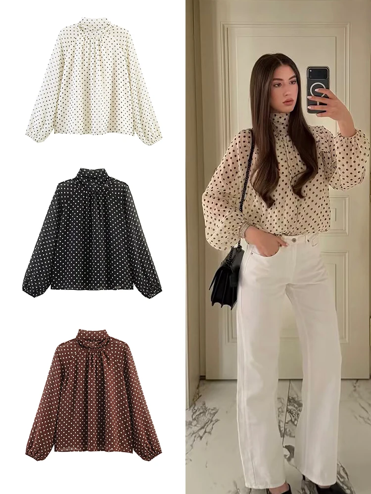 

HH Spring and Autumn Women's Polka Dot Chiffon Shirt Bow Tie High Neck Long Sleeve Shirt Office women Casual Loose Top