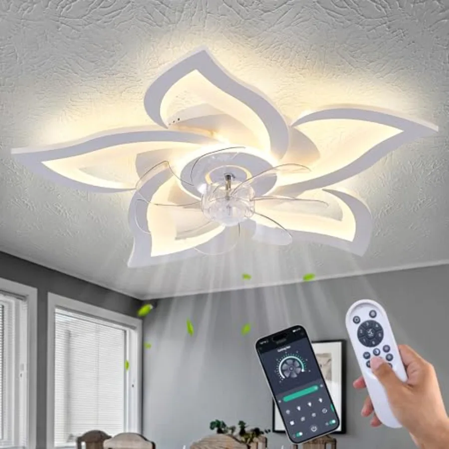 Bedroom ceiling fan with lights: white flower design, ABS plastic, white, low-profile flush mount, dimmable LED light, 3-color