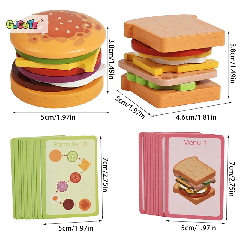 Wooden Hamburg Sandwich Stacking Toys For Toddlers And Kids Montessori Preschool Educational Toys Fine Motor Skill Kitchen Toy