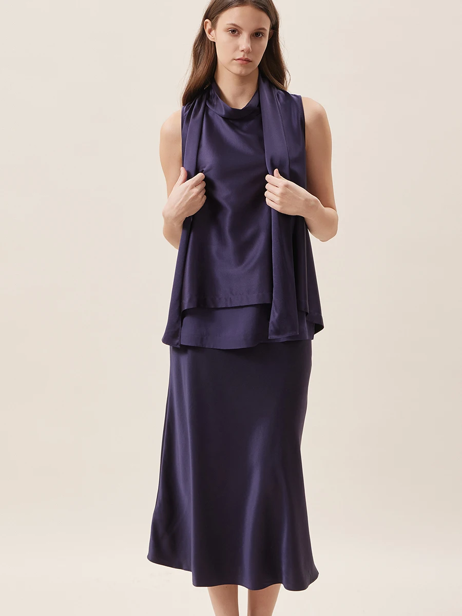 

TheEase Comfortable Silk Elastic Satin Top Half Skirt Set 22 Momme Pure Color Loose Fit Fashionable Autumn Spring Summer