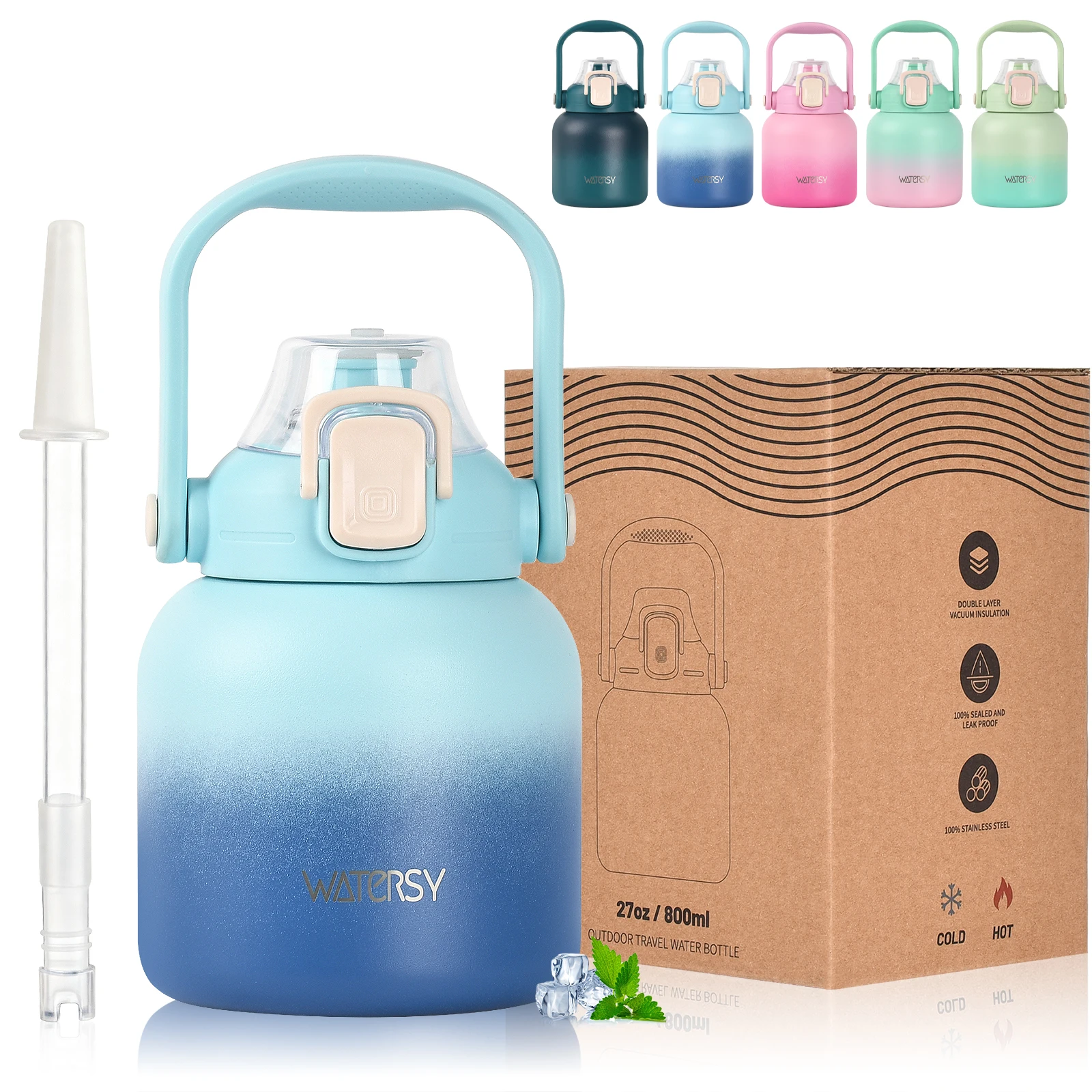 WATERSY 800 ml Edelstahl-Wasserflasche, doppelwandiger, vakuumisolierter Thermobecher mit Strohhalm und Griff, für Reisen, Fitnessstudio, Büro