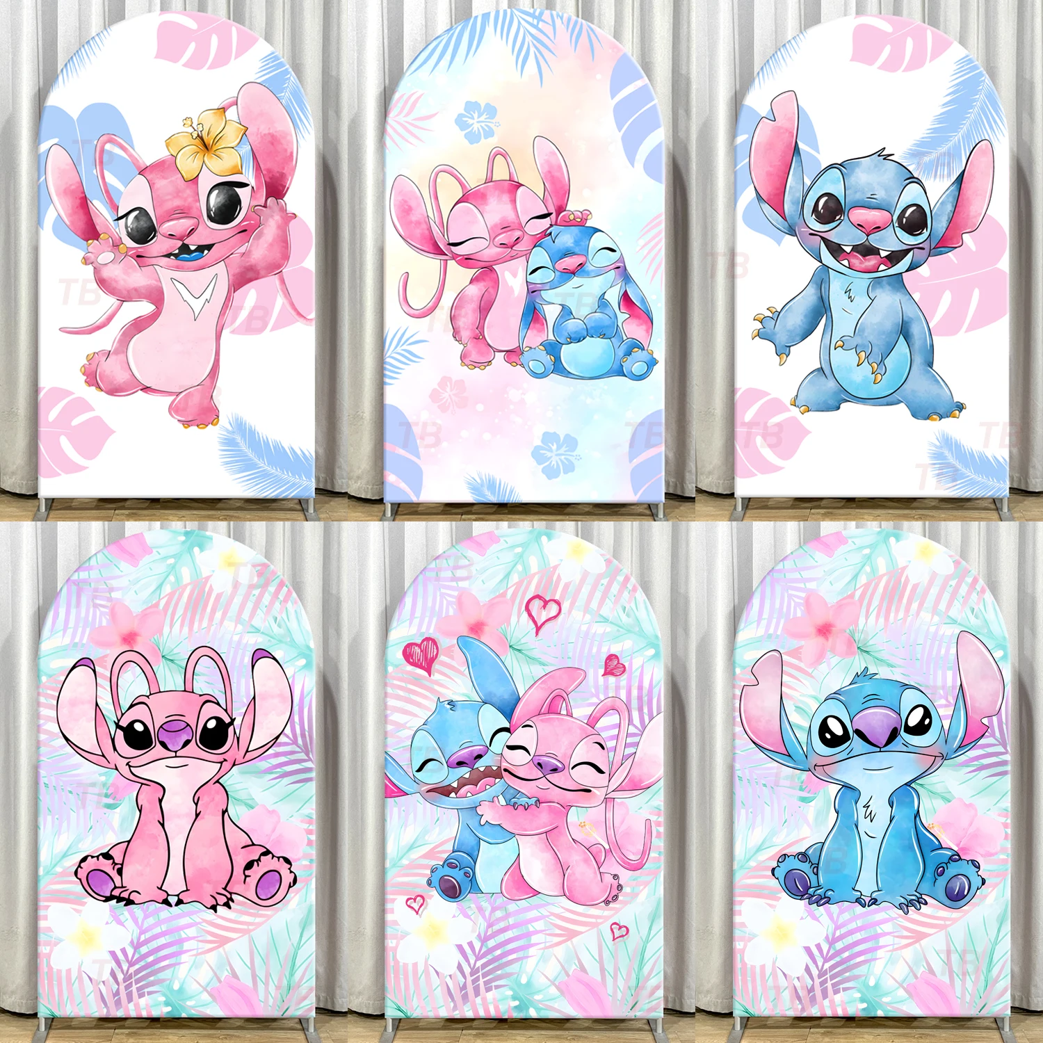 

Stitch & Angel Arch Backdrop Cover Kids Birthday Baby Shower Party Decorations Cartoon Arched Chiara Wall Photography Background