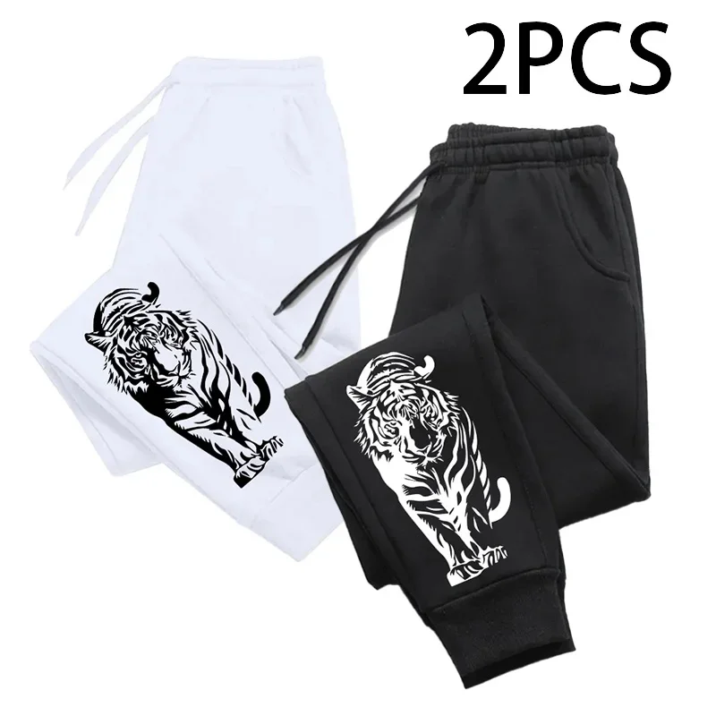 

2 шт. 1 упаковка мужских спортивных штанов с тигровым принтом, повседневные спортивные брюки для бега, осень-зима, удобные теплые брюки для дома и улицы, 2 в 1