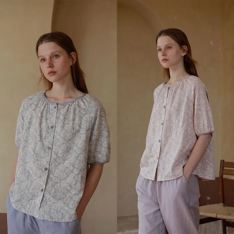 Summer Cotton Gauze Flower Print Contrasting Color Pijamas Women Loose and Comfortable Short-sleeved Trousers Loungewear Set