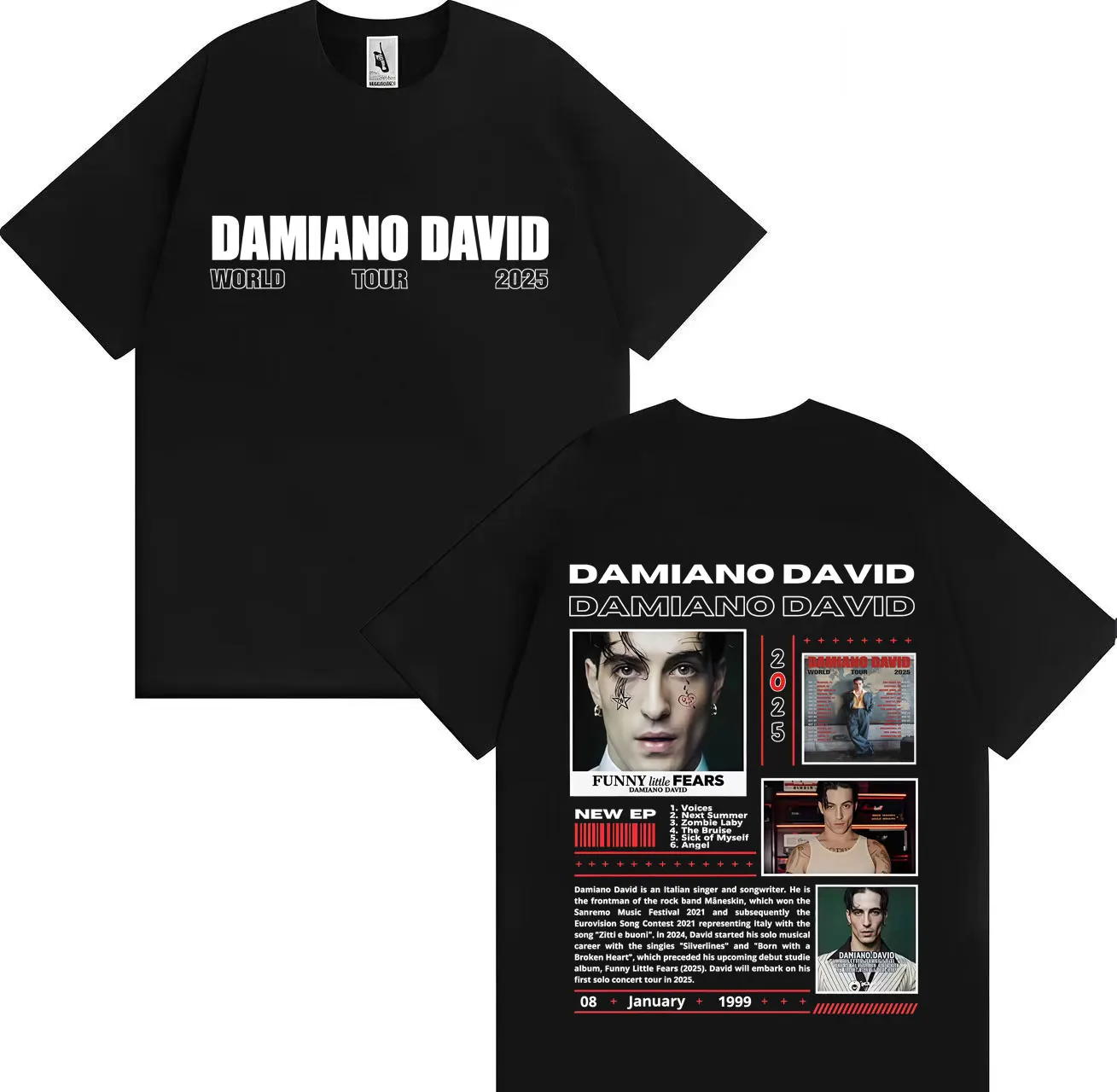 

Модная мужская футболка Damiano David Funny Little Fears World Tour 2025 года, повседневная футболка большого размера в стиле хип-хоп, летняя футболка с короткими рукавами, подарок для фанатов