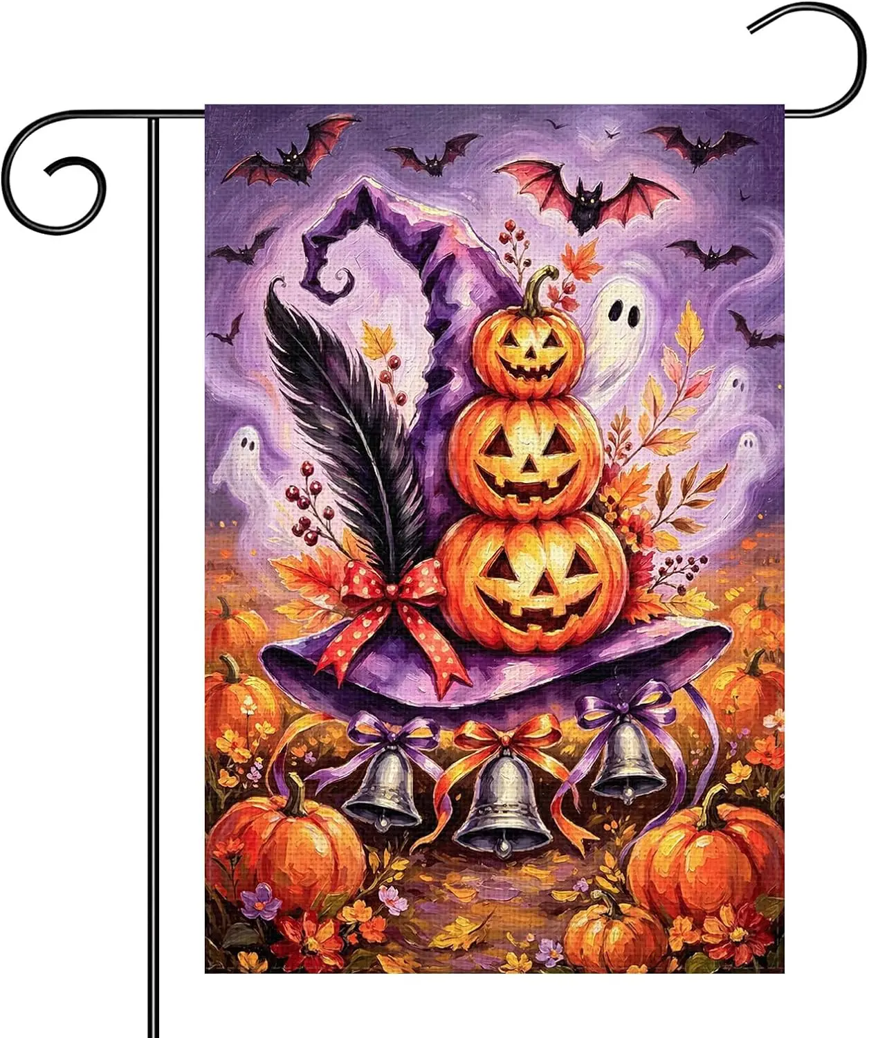Halloween Garden Flag 12×18 Inch Double Sided Burlap Witch Hat with Stacked Pumpkins Yard Flag, Fall Halloween Flag for Outd bbp