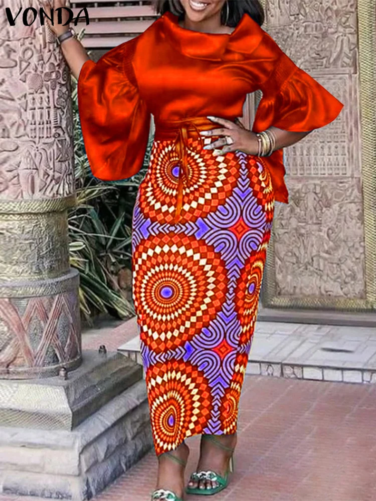 

Plus Size 5XL VONDA Satin Dress Sets Elegant Women Lapel Flare Sleeve Bohemian Printed Sets Summer Casual Loose 2pcs Suits