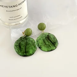 Vintage Olive Green Disc Ear Clips Earrings Stylish Acrylic Big Round Geometric Clip on Earrings Without Piercing for Women