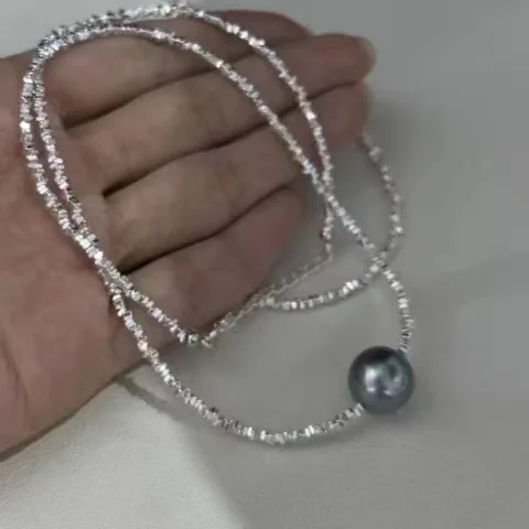 9-11mm Natural Tahitian Pearl Necklace, Crushed Silver Chain S925 Silver Round High Luster Collarbone Jewelry