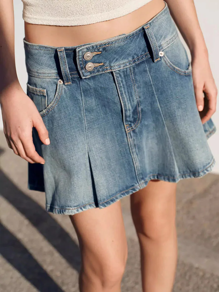 

New Summer Women's Fashion Wide Pleat Skirt Spicy Girl mid Waist Casual Denim Skirt for Young Women 18-25 Years Old